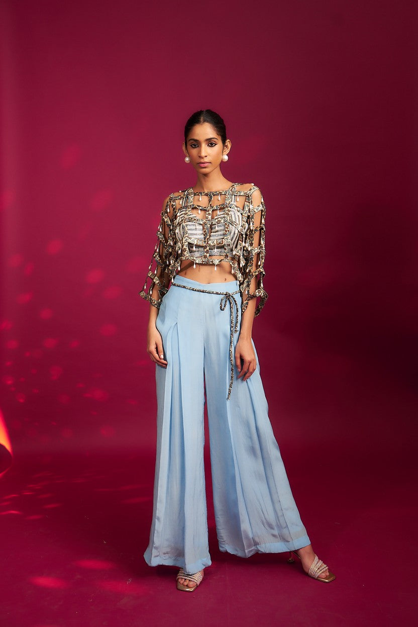Powder blue ajrakh stripped jacket with embellished brallete and inverted pleated pants