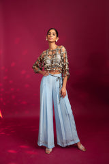Powder blue ajrakh stripped jacket with embellished brallete and inverted pleated pants