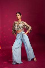 Powder blue ajrakh stripped jacket with embellished brallete and inverted pleated pants