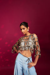 Powder blue ajrakh stripped jacket with embellished brallete and inverted pleated pants