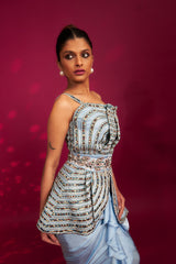 Powder blue ajrakh embroidered assymetric peplum top with Drape dhoti skirt