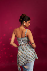 Powder blue ajrakh embroidered assymetric peplum top with Drape dhoti skirt