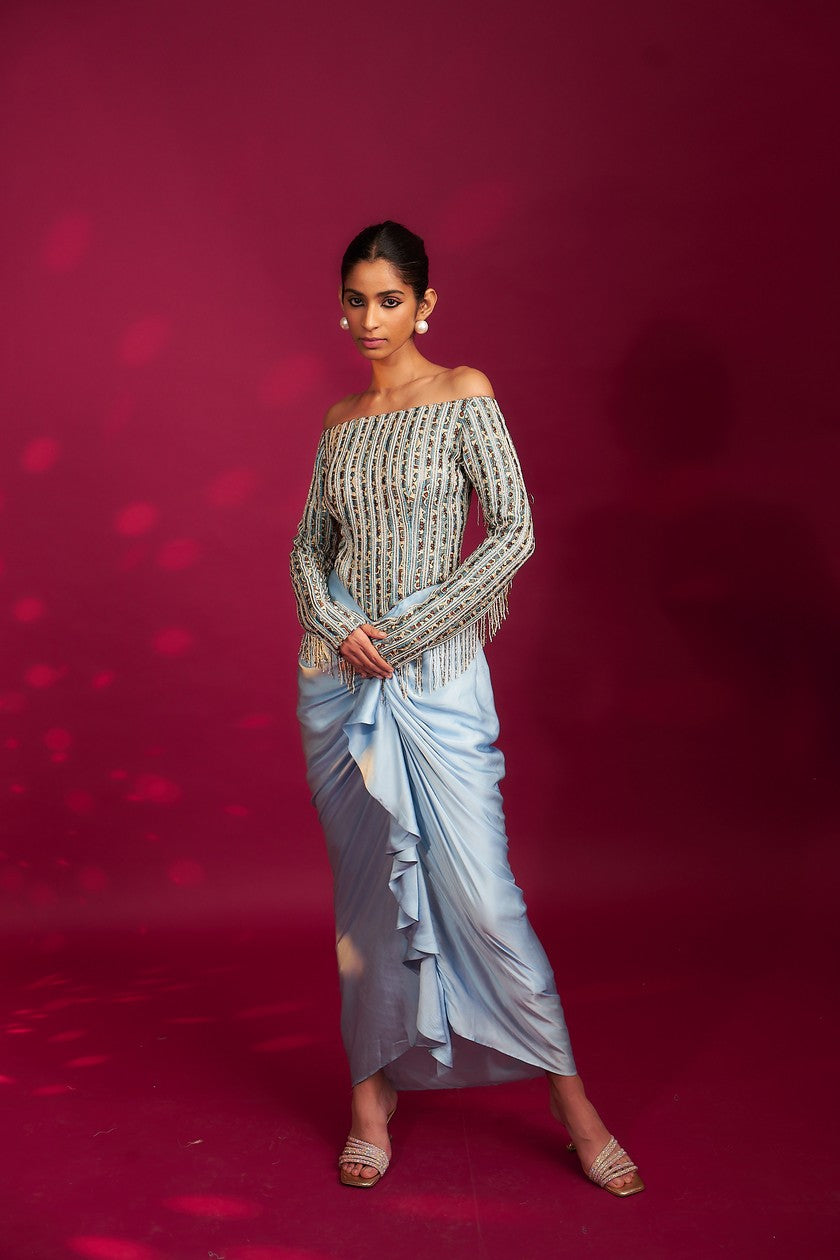 Powder blue embellished stripwork off shoulder drape dress