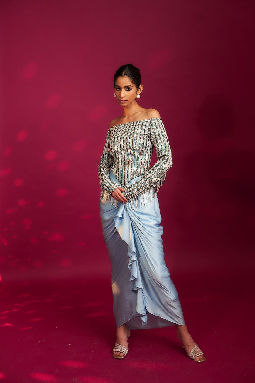 Powder blue embellished stripwork off shoulder drape dress
