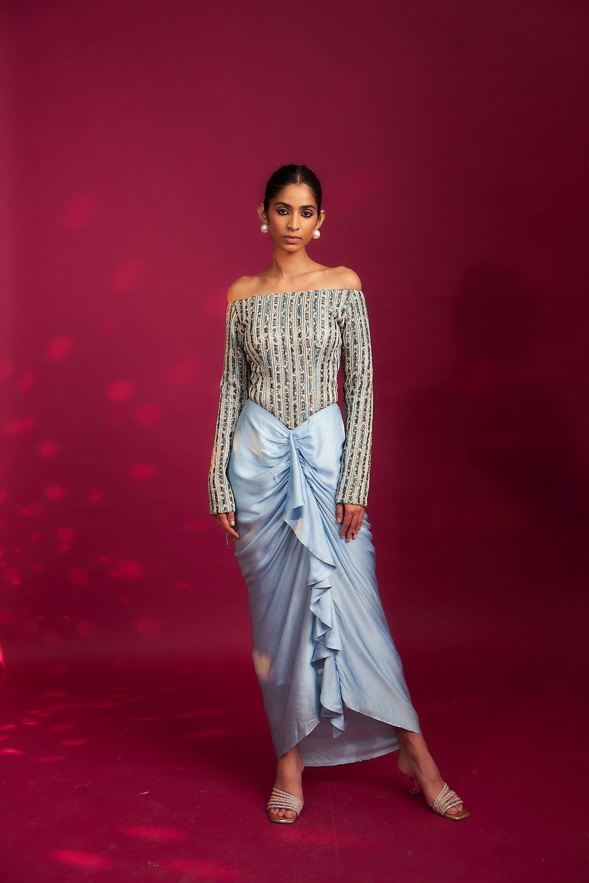 Powder blue embellished stripwork off shoulder drape dress