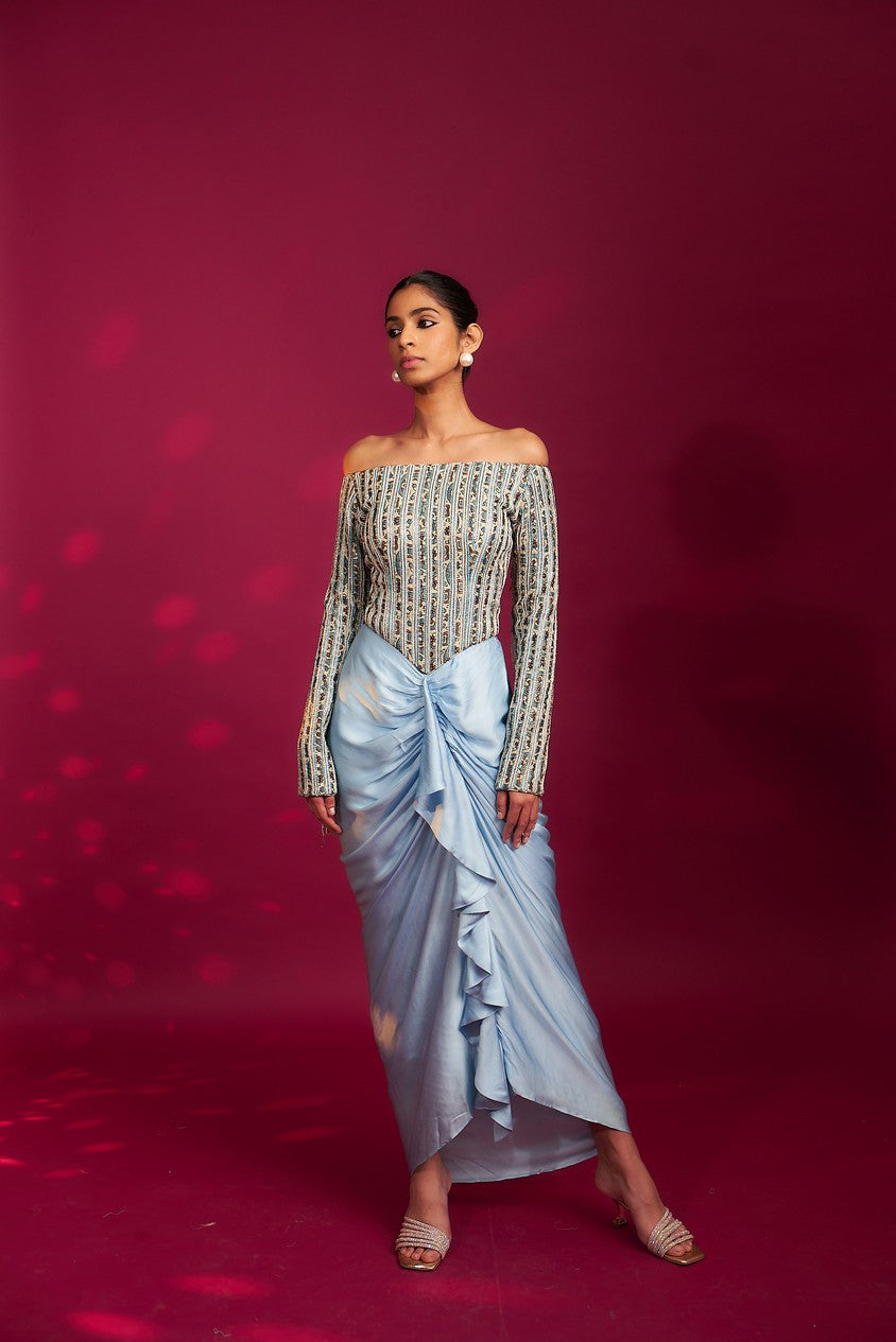 Powder blue embellished stripwork off shoulder drape dress