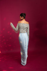 Powder blue embellished stripwork off shoulder drape dress