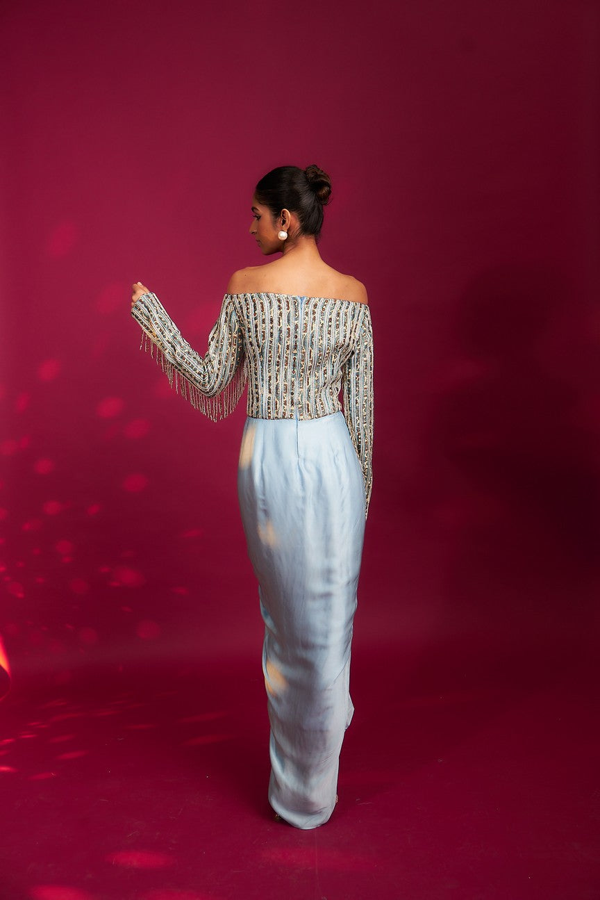 Powder blue embellished stripwork off shoulder drape dress