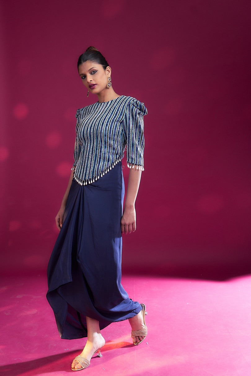 Deep blue embellished ajrakh drape dress