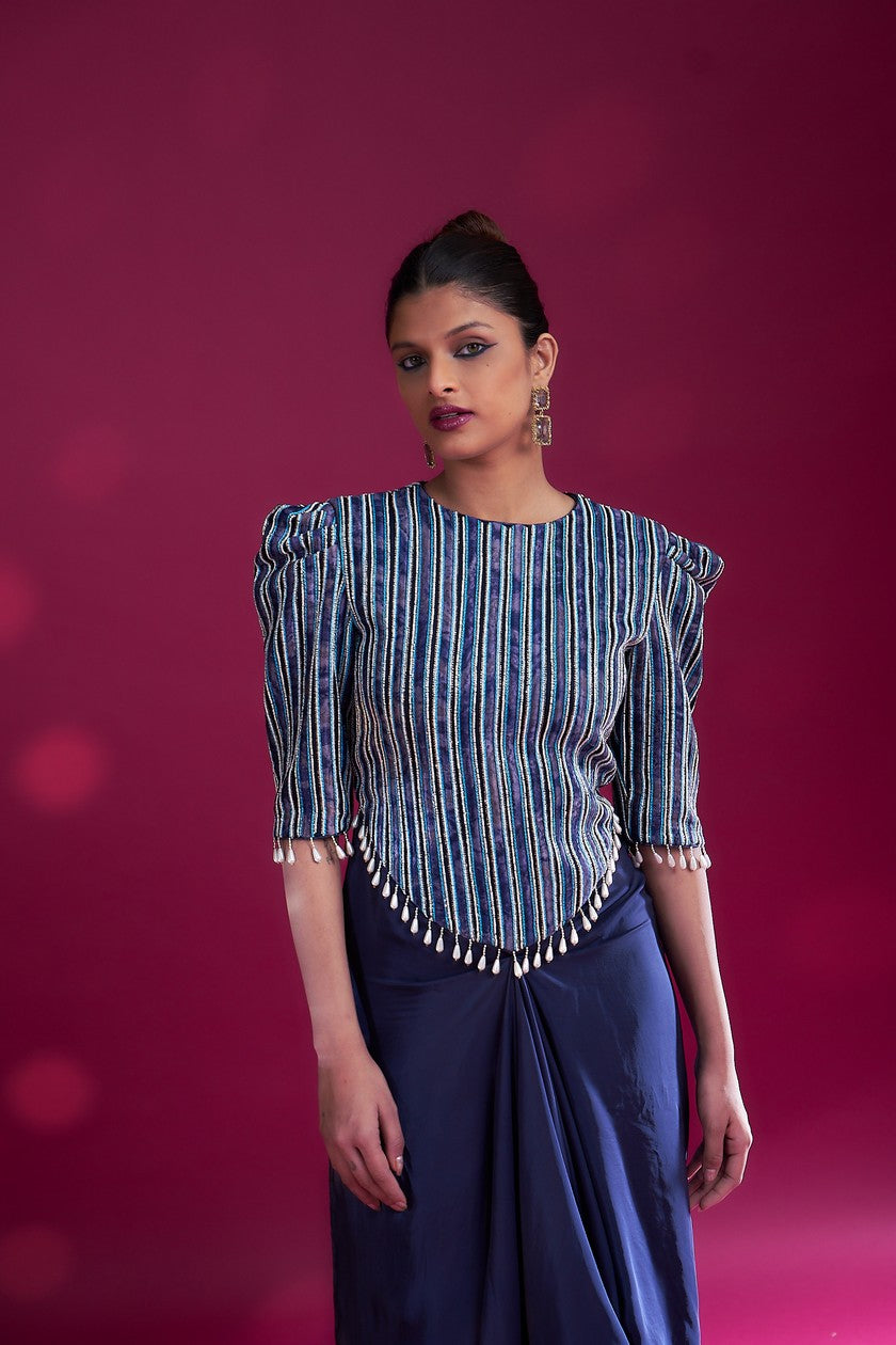 Deep blue embellished ajrakh drape dress