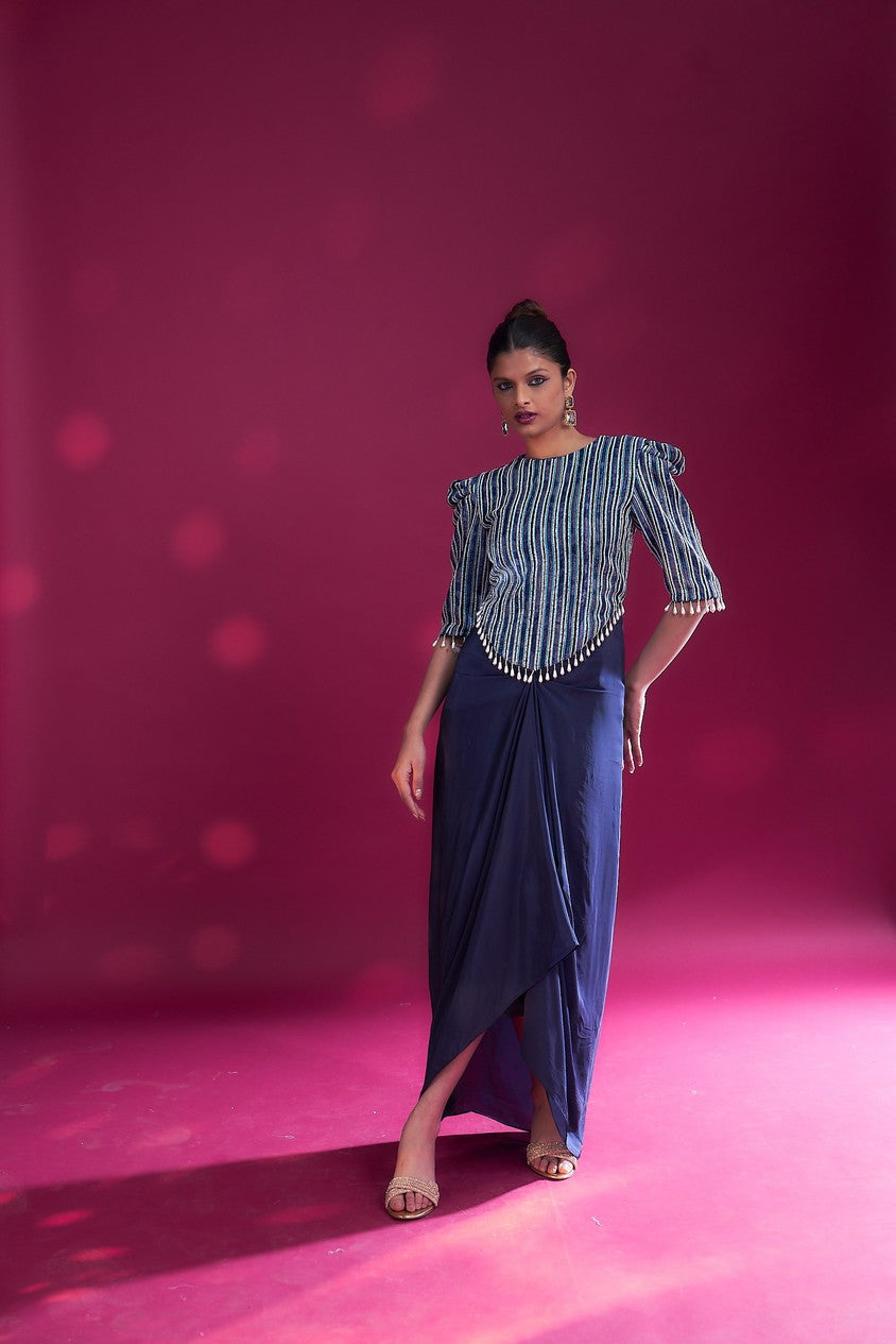 Deep blue embellished ajrakh drape dress