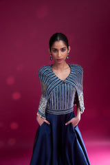 Deep blue ajrakh embellished jumpsuit with fully embsllished ajrakh stripwork cape jacket