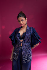 Deep blue ajrakh embellished jacket with embellished brallete and flare pants