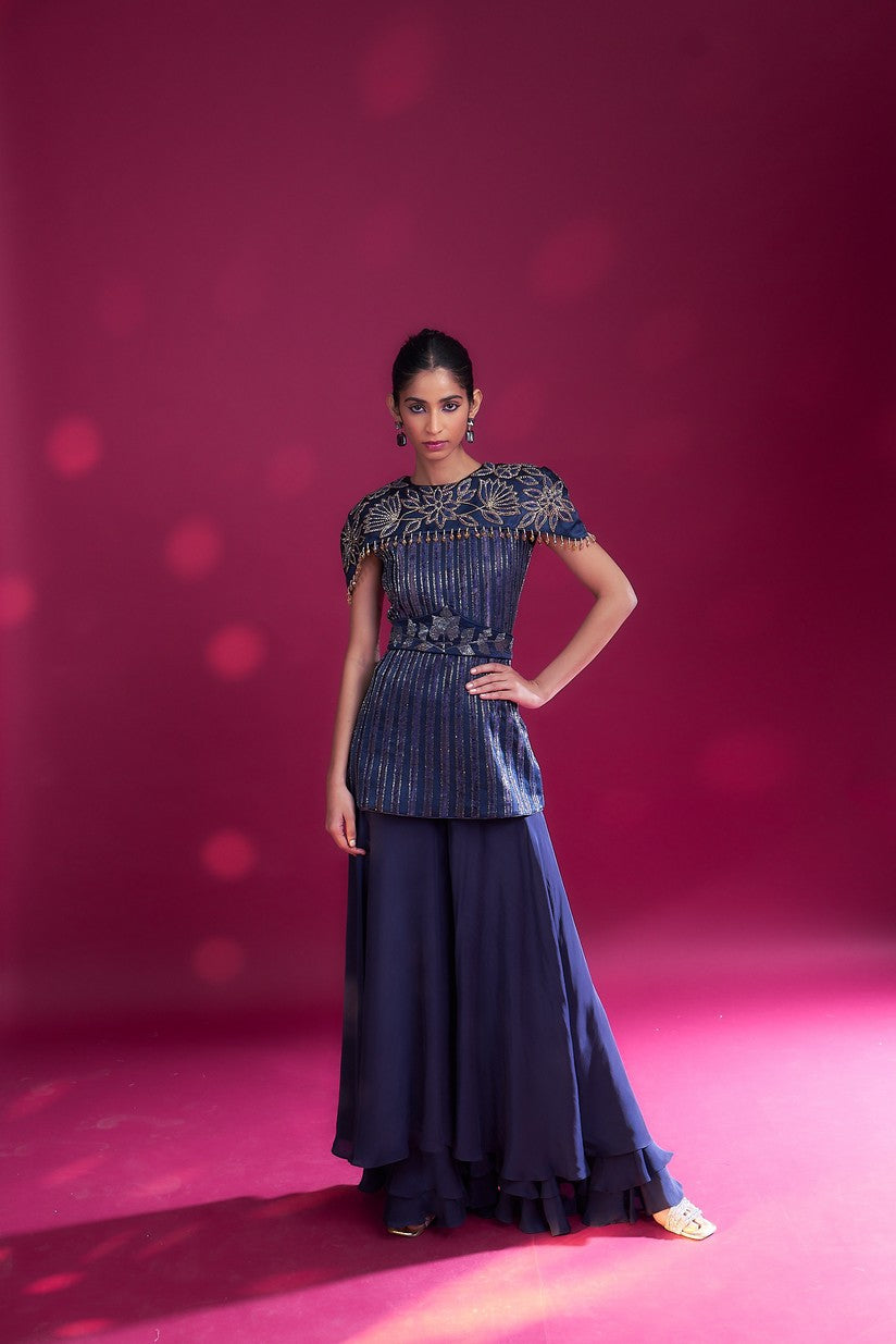 Deep blue ajrakh stripwork jpeplum top with flare pants