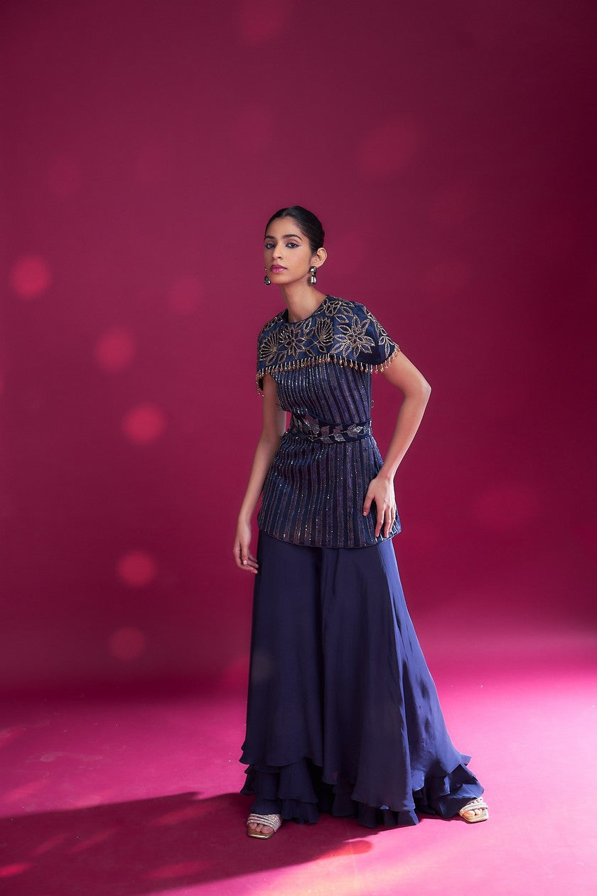 Deep blue ajrakh stripwork jpeplum top with flare pants