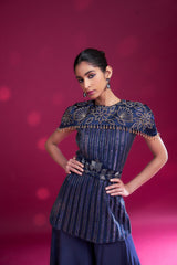 Deep blue ajrakh stripwork jpeplum top with flare pants