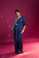 Deep blue Fully embroidered single flap jumpsuit