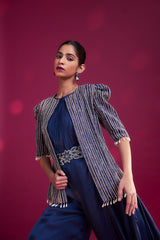 Deep blue side cowl jumpsuit with Ajrakh embellished jacket with patchwork waistbelt