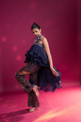 Deep blue embroidered ruffled top with ajrakh pants