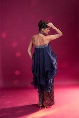 Deep blue embroidered ruffled top with ajrakh pants