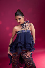 Deep blue embroidered ruffled top with ajrakh pants