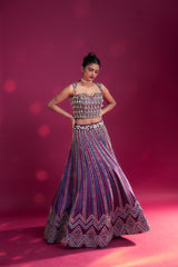 Dark purple ajrakh embellished blouse and jacket fir lehenga