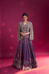 Dark purple ajrakh embellished blouse and jacket fir lehenga
