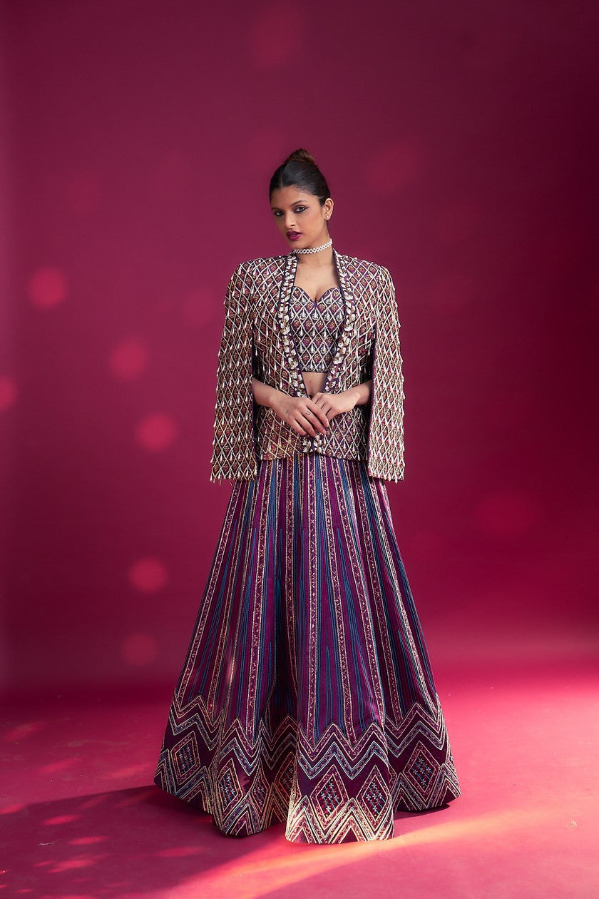 Dark purple ajrakh embellished blouse and jacket fir lehenga