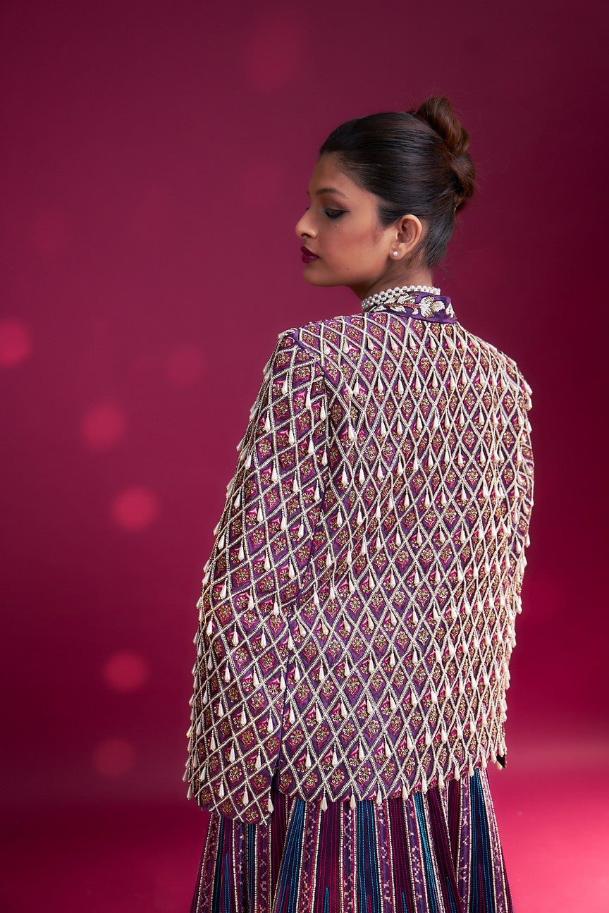 Dark purple ajrakh embellished blouse and jacket fir lehenga