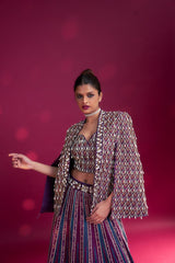 Dark purple ajrakh embellished blouse and jacket fir lehenga