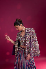 Dark purple ajrakh embellished blouse and jacket fir lehenga