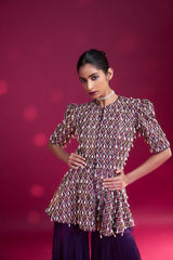 Purple fully embellished ajrakh peplum top with tiered sharara set