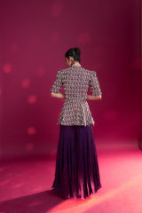 Purple fully embellished ajrakh peplum top with tiered sharara set