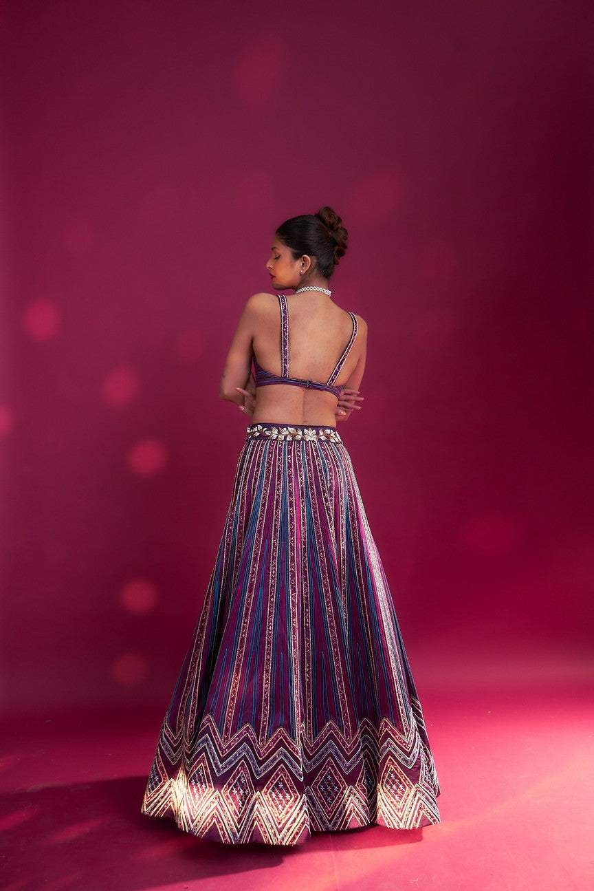 Dark purple embroidered ajrakh jacket with bralette and lehenga