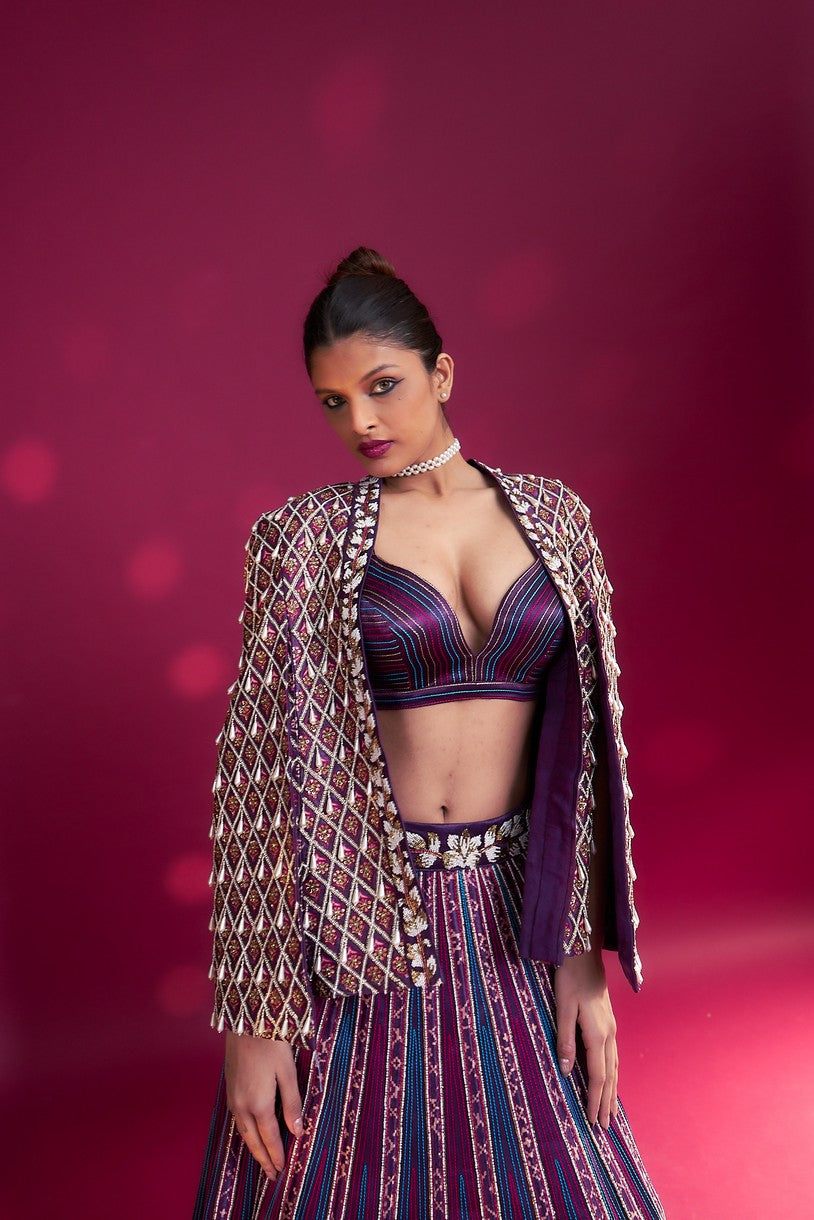 Dark purple embroidered ajrakh jacket with bralette and lehenga