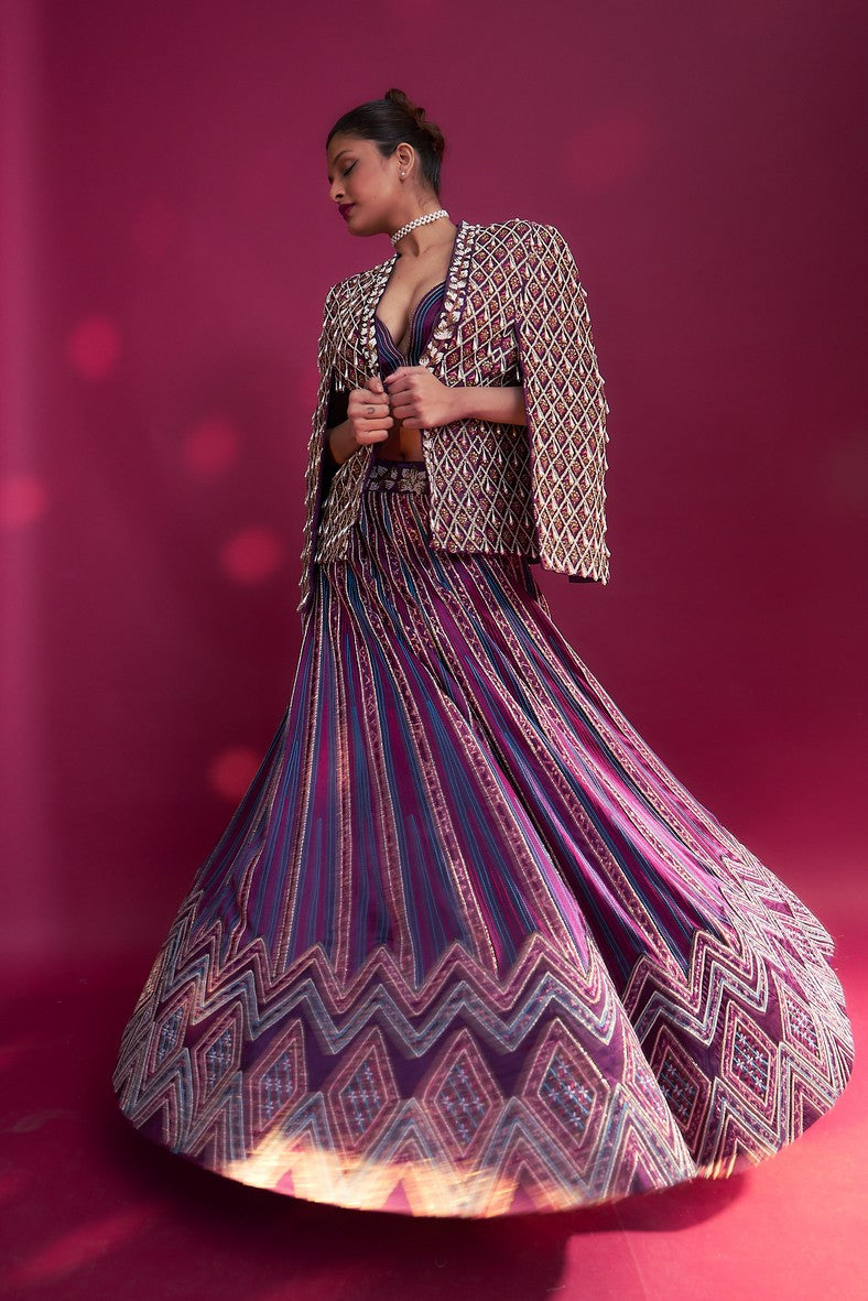 Dark purple embroidered ajrakh jacket with bralette and lehenga