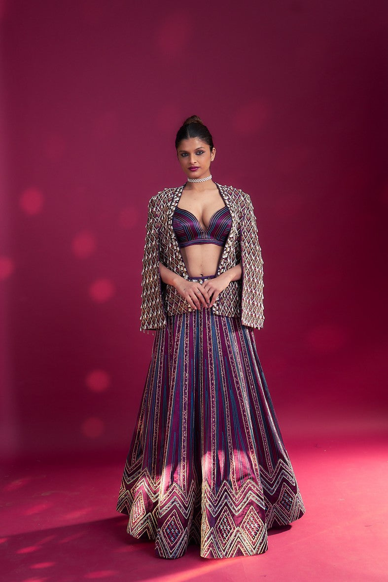 Dark purple embroidered ajrakh jacket with bralette and lehenga