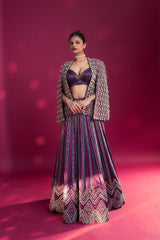 Dark purple embroidered ajrakh jacket with bralette and lehenga