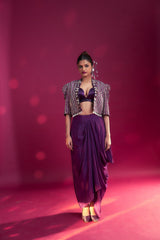 Dark purple Ajrakh embroidered jacket with bralette and dhoti skirt