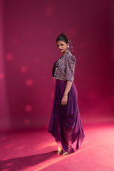 Dark purple Ajrakh embroidered jacket with bralette and dhoti skirt