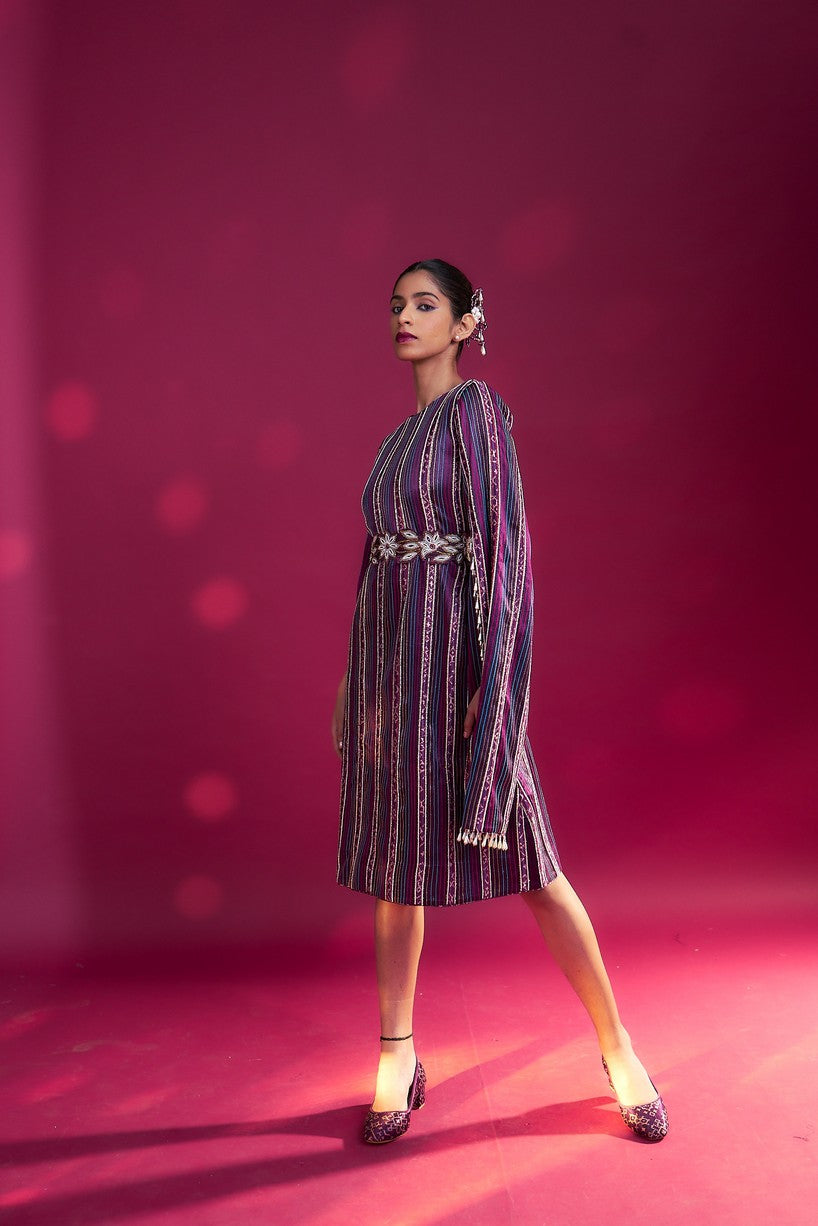 Dark purple heavily stripworked dress with cape sleeves
