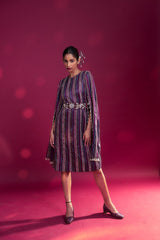Dark purple heavily stripworked dress with cape sleeves