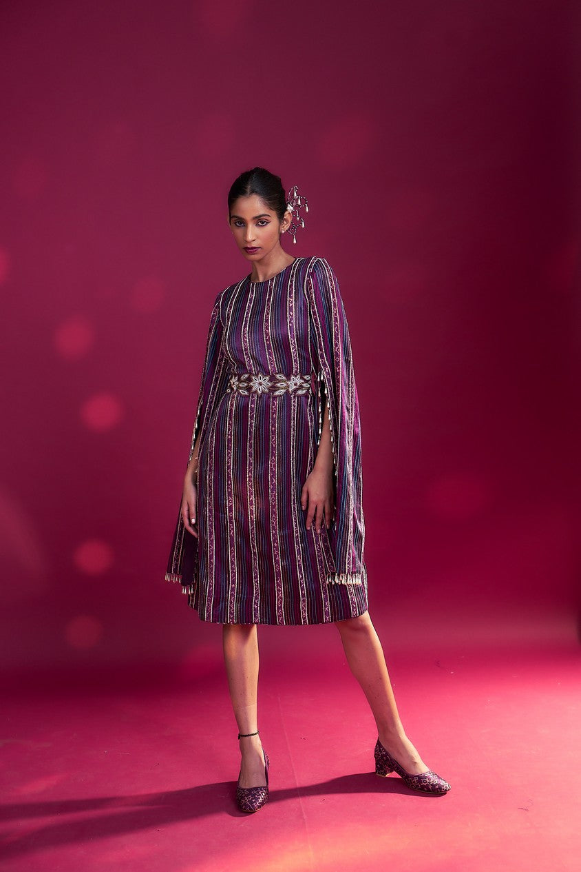 Dark purple heavily stripworked dress with cape sleeves