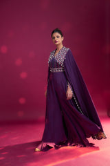 Purple heavily embellished jumpsuit with embroidered cape sleeves