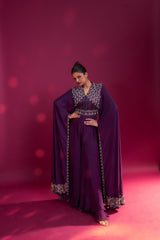 Purple heavily embellished jumpsuit with embroidered cape sleeves