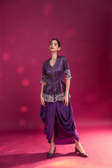 Dark purple ajrakh patchworked peplum jacket with drape dhoti skirt