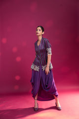 Dark purple ajrakh patchworked peplum jacket with drape dhoti skirt