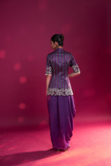 Dark purple ajrakh patchworked peplum jacket with drape dhoti skirt