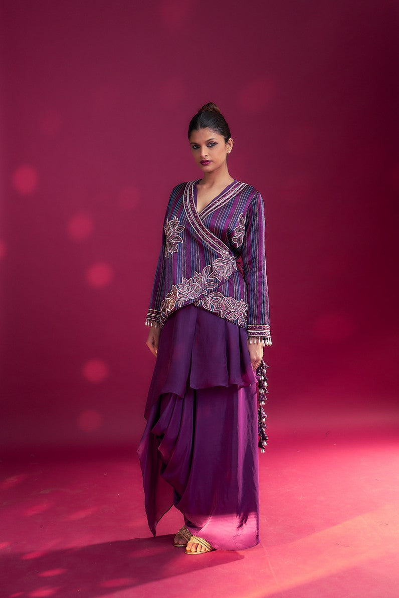 Dark Purple embroidered  angarkha  jacket with drape dhoti skirt