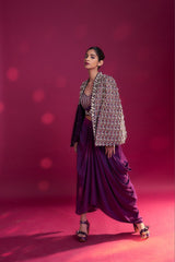 Dark purple Fully embroidered ajrakh cape jacket with heavily embellished blouse and drape skirt